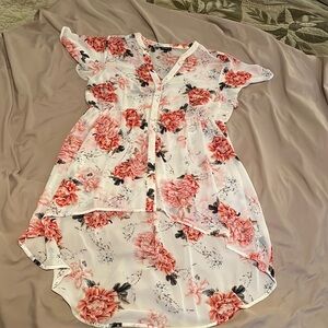 Torrid 00 White Hi-Low Floral Semi-Transparent Blouse